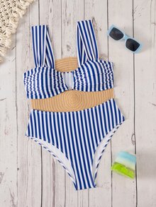SHEIN Swim Conjunto de bikini de verano para mujer Springbreak con estampado aleatorio multicolor, cuello en V, doble tirante y dulce patrón floral menudo para vacaciones - Multicolor - Ver 4