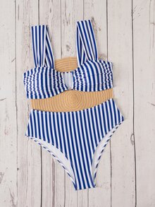 SHEIN Swim Conjunto de bikini de verano para mujer Springbreak con estampado aleatorio multicolor, cuello en V, doble tirante y dulce patrón floral menudo para vacaciones - Multicolor - Ver 3