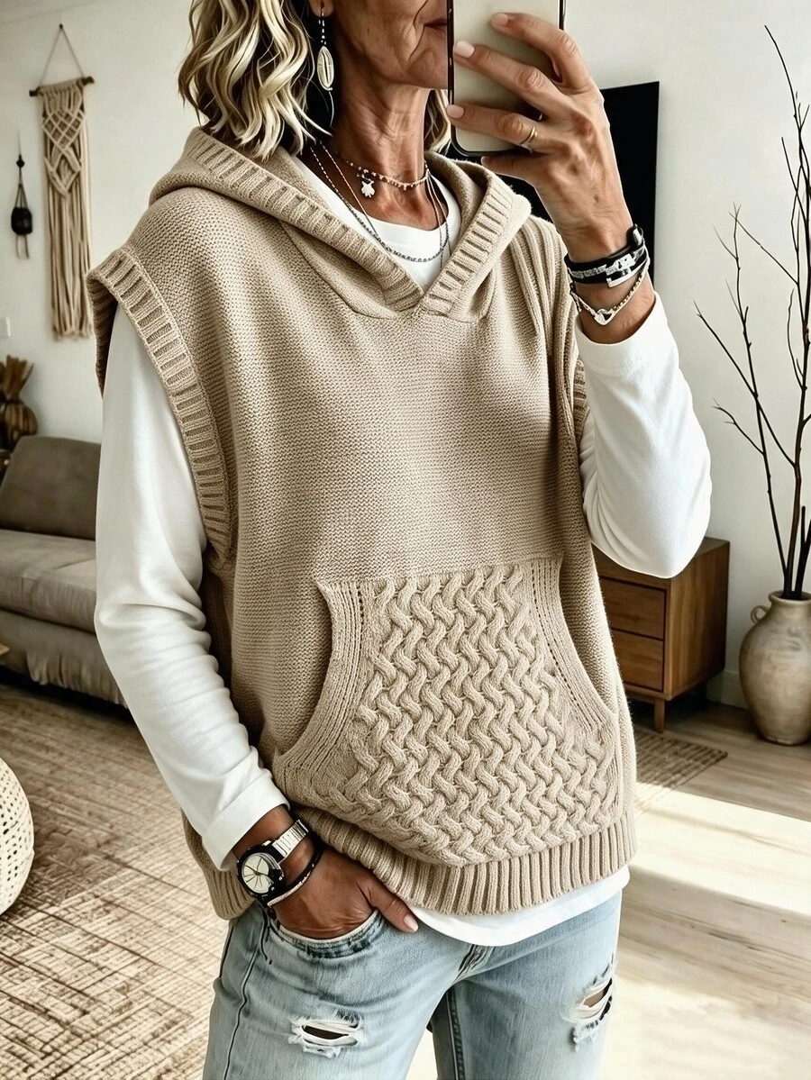 Elouméa Elegant Hooded Sleeveless Sweater Vest For Women - Khaki - View 1