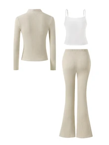 Girls' 3 Pieces Set Fuzzy White Beige Stand Collar Jacket + Camisole + Flared Pants Slim Fit Gentle Elegant Cute 80s Casual Modest School Fall - Apricot - View 2