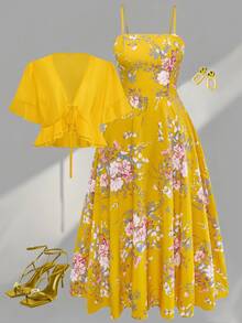 Grovea Plus Size Women's Floral Print 2 Pieces Set, Butter Yellow Pink Summer Boho Romantic Celestial Vacation Holiday Chiffon Blouse Jacket Ruffle Hem Dress - Yellow - View 9