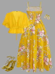 Grovea Plus Size Women's Floral Print 2 Pieces Set, Butter Yellow Pink Summer Boho Romantic Celestial Vacation Holiday Chiffon Blouse Jacket Ruffle Hem Dress - Yellow - View 3