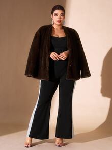 Cravure Plus Size Women's Colorblock Casual Daily Wear Long Pants - Black - View 7