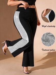 Cravure Plus Size Women's Colorblock Casual Daily Wear Long Pants - Black - View 1