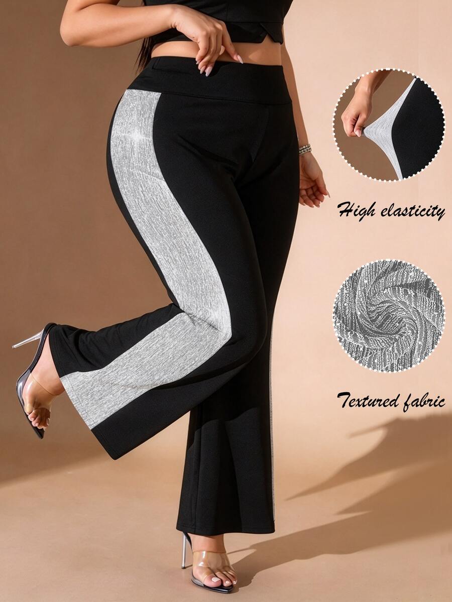 Cravure Plus Size Women's Colorblock Casual Daily Wear Long Pants - Black - View 1