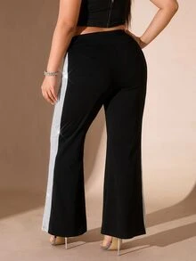 Cravure Plus Size Women's Colorblock Casual Daily Wear Long Pants - Black - View 2