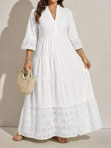 SHEIN LUNE Plus Size Women Hollow Out Embroidery V-Neck Casual Dress Fall - White - View 8