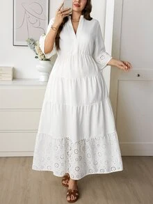 SHEIN LUNE Plus Size Women Hollow Out Embroidery V-Neck Casual Dress Fall - White - View 6