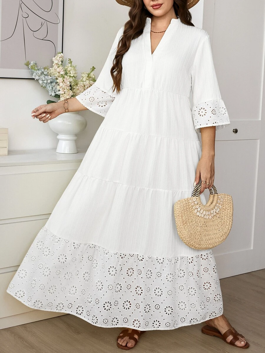 SHEIN LUNE Plus Size Women Hollow Out Embroidery V-Neck Casual Dress Fall - White - View 1