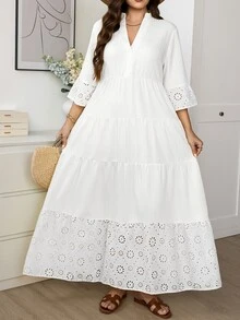 SHEIN LUNE Plus Size Women Hollow Out Embroidery V-Neck Casual Dress Fall - White - View 5