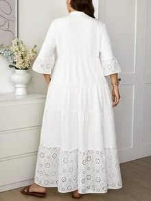 SHEIN LUNE Plus Size Women Hollow Out Embroidery V-Neck Casual Dress Fall - White - View 4