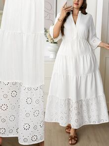 SHEIN LUNE Plus Size Women Hollow Out Embroidery V-Neck Casual Dress Fall - White - View 7