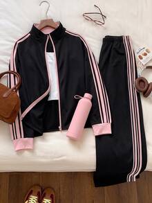 Comfortcana 2pcs Plus Size Women Casual Sports Striped Ribbon Zip Front Jacket And Pants Set Tracksuit Women Set Jogger Sets For Women 2 Pieces Casual Sets Woman - Multicolor - View 8