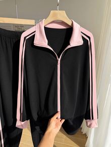Comfortcana 2pcs Plus Size Women Casual Sports Striped Ribbon Zip Front Jacket And Pants Set Tracksuit Women Set Jogger Sets For Women 2 Pieces Casual Sets Woman - Multicolor - View 3