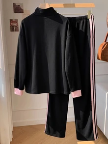 Comfortcana 2pcs Plus Size Women Casual Sports Striped Ribbon Zip Front Jacket And Pants Set Tracksuit Women Set Jogger Sets For Women 2 Pieces Casual Sets Woman - Multicolor - View 2