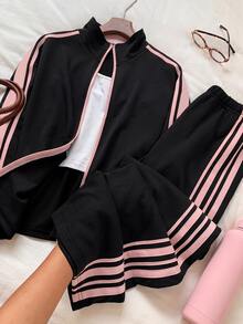 Comfortcana 2pcs Plus Size Women Casual Sports Striped Ribbon Zip Front Jacket And Pants Set Tracksuit Women Set Jogger Sets For Women 2 Pieces Casual Sets Woman - Multicolor - View 1