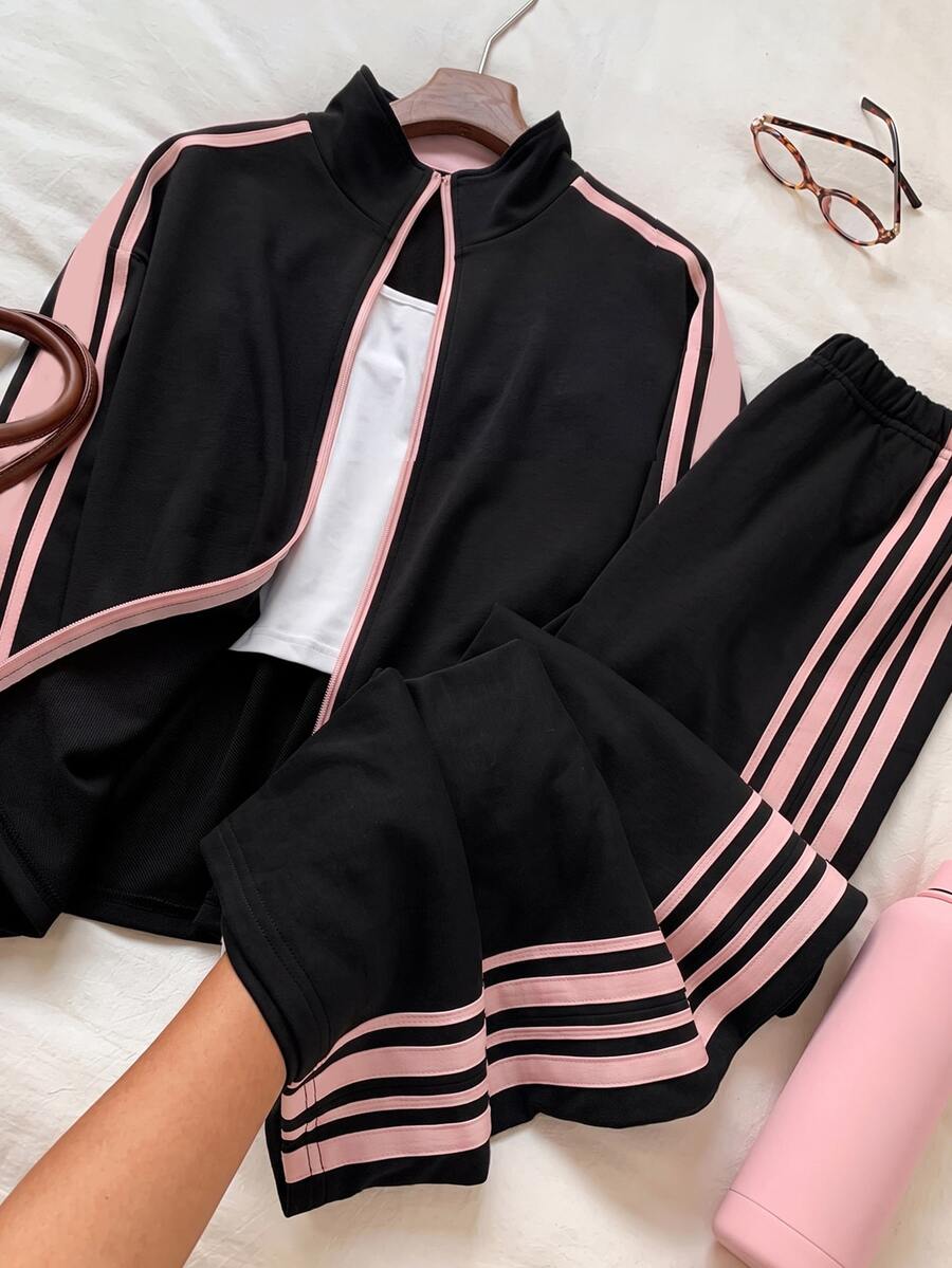 Comfortcana 2pcs Plus Size Women Casual Sports Striped Ribbon Zip Front Jacket And Pants Set Tracksuit Women Set Jogger Sets For Women 2 Pieces Casual Sets Woman - Multicolor - View 1