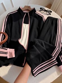 Comfortcana 2pcs Plus Size Women Casual Sports Striped Ribbon Zip Front Jacket And Pants Set Tracksuit Women Set Jogger Sets For Women 2 Pieces Casual Sets Woman - Multicolor - View 7