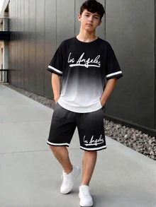 SHEIN 2件組青少年男孩休閒街頭風寬鬆圓領短袖上衣與短褲套裝，夏季度假六年級黑色沙灘風 - 黑與白 - 查看 2