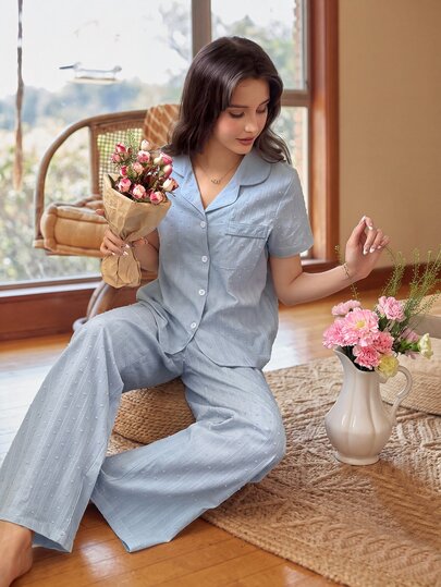 Snug Reverie 2pcs Women 100 Cotton Jacquard Romantic Cute Casual Fresh Blue Short Sleeve Pajama Set Light Blue Pajama Set Light Blue Pj Set Sleep Home Summer