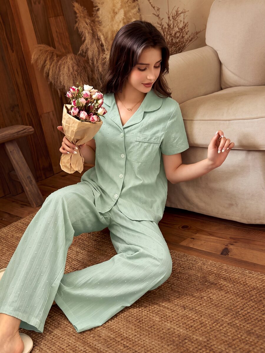 Snug Reverie Women's 100 Pure Cotton Sage Green Jacquard Romantic Casual Fresh Short Sleeve Long Pants Loungewear 2 Pieces Set Sleep Lounge Summer - Green - View 1