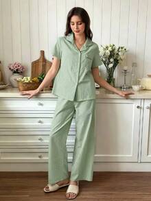 Snug Reverie Women's 100 Pure Cotton Sage Green Jacquard Romantic Casual Fresh Short Sleeve Long Pants Loungewear 2 Pieces Set Sleep Lounge Summer - Green - View 3