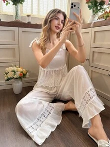 Snug Reverie Bohemian Style Spaghetti Strap Woven Cotton Women Pajama Set Lace For Woman Boho Women Clothing Summer Lounge Sets For Women - White - View 3