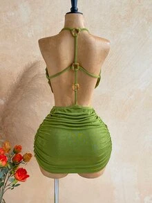 Ure Wave 女款橄欖綠夏季70年代派對洋裝，3D花卉裝飾針織迷你裙，V領露背挖空腰部羅馬褶皺，節慶海灘穿搭 - 橄欖綠 - 查看 6
