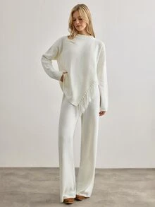 SHEIN طقم نسائي من قطعتين متطابق بكنزة بياقة دائرية وأكمام طويلة مع تفاصيل حافة مزينة بالشراريب وبنطال كنزة - أبيض - مشاهدة 8