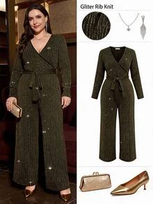 SHEIN Clasi Plus Size Autumn/Winter New Party Metallic Shiny Fitted Waist-Cinched Jumpsuit - Gold - View 1