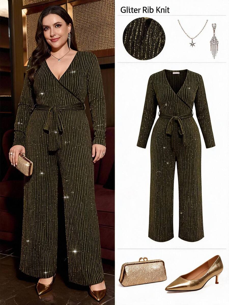 SHEIN Clasi Plus Size Autumn/Winter New Party Metallic Shiny Fitted Waist-Cinched Jumpsuit - Gold - View 1