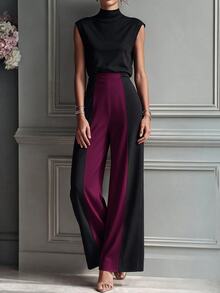 Penseblé Women's Standard Size Black & White Colorblock Suit Set, Sleeveless High Neck Inner Top & Wide Leg Pants, Drapey Commuter Party Elegant Long Pants, All Season - Burgundy - View 5