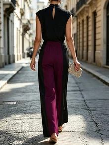 Penseblé Women's Standard Size Black & White Colorblock Suit Set, Sleeveless High Neck Inner Top & Wide Leg Pants, Drapey Commuter Party Elegant Long Pants, All Season - Burgundy - View 2