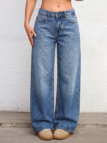 RiviMae 100% Cotton LOW RISE WIDELEG CUT VINTAGE WASH MEDIUM BLUE BAGGY JEANS - Medium Wash - View 1