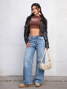 RiviMae 100% Cotton LOW RISE WIDELEG CUT VINTAGE WASH MEDIUM BLUE BAGGY JEANS - Medium Wash - View 6
