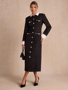 Enchnt Premium Winter Romantic Women's Elegant Black And White Color-Blocked Tweed Pearl Button Dress,Formal Dress,Graduation Dress,Thanksgiving,Work - Black and White - View 6