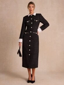 Enchnt Premium Winter Romantic Women's Elegant Black And White Color-Blocked Tweed Pearl Button Dress,Formal Dress,Graduation Dress,Thanksgiving,Work - Black and White - View 7