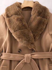 SHEIN Tween Girl Long Sleeve Fleece Fall Vintage Luxury Elegant Modest Versatile Button Fur Trim Collar Overcoat, Holiday, School Formal Camel - Brown - View 6