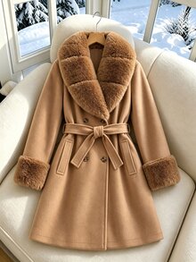 SHEIN Tween Girl Long Sleeve Fleece Fall Vintage Luxury Elegant Modest Versatile Button Fur Trim Collar Overcoat, Holiday, School Formal Camel - Brown - View 3