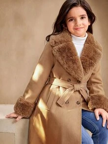 SHEIN Tween Girl Long Sleeve Fleece Fall Vintage Luxury Elegant Modest Versatile Button Fur Trim Collar Overcoat, Holiday, School Formal Camel - Brown - View 1