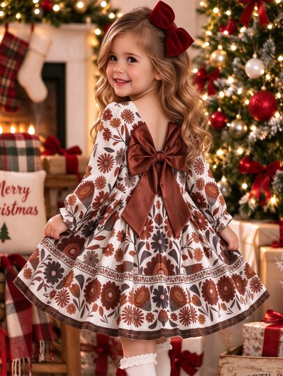 Girls' Vintage Floral Long Sleeve Dress, Maillard Brown Tone All-Over Floral Print, Large Bow Back, Square Neck, Shirred Waist, Ruffle Cuffs, A-Line Skirt, Autumn Children's Princess Dress For Outings