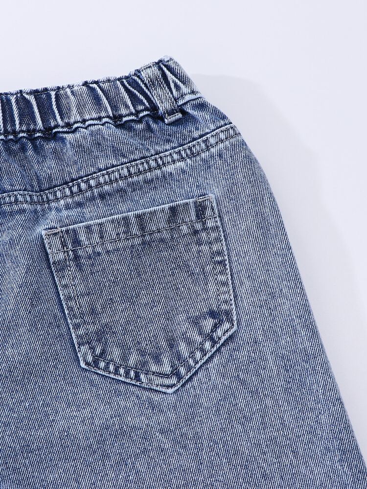 SHEIN 少女牛仔褲 破洞設計 粉藍蝴蝶刺繡 夏季街頭風 可愛校園開學甜美 Y2K 淺色牛仔 蝴蝶結刺繡 寬腿褲 - 淺色水洗藍 - 查看 7