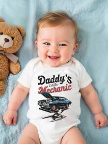 SHEIN Infant Boy Car Mechanic Print Romper, Round Neck Short Sleeve Car & Letter Bodysuit, White Summer Casual One-Piece - White - View 2