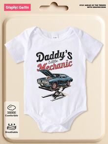 SHEIN Infant Boy Car Mechanic Print Romper, Round Neck Short Sleeve Car & Letter Bodysuit, White Summer Casual One-Piece - White - View 1