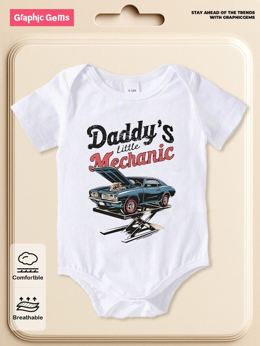 SHEIN Infant Boy Car Mechanic Print Romper, Round Neck Short Sleeve Car & Letter Bodysuit, White Summer Casual One-Piece - White - View 1