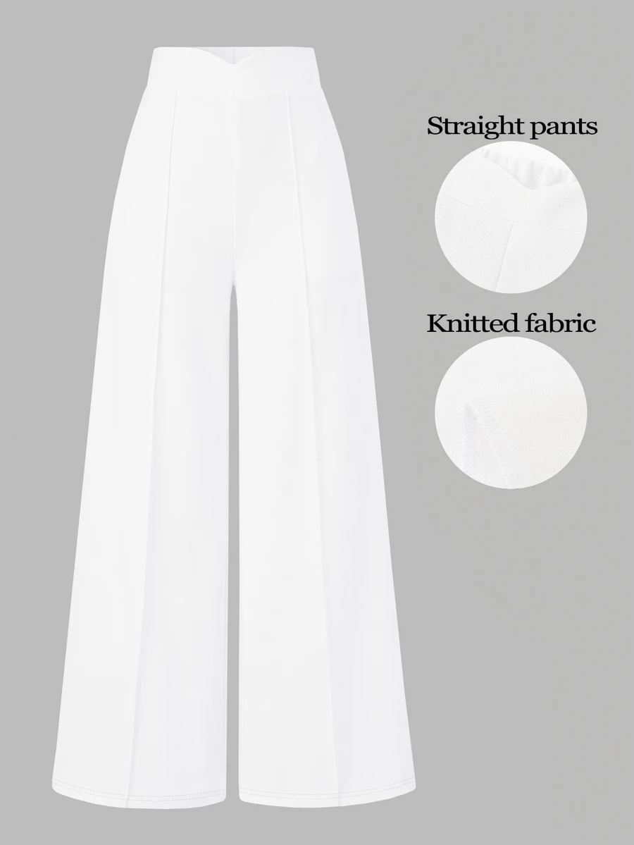 SHEIN LUNE Plus Size Women's Fashion Minimalist Slimming Casual Versatile Solid Color Seam Front Loose Wide Leg Long Pants - White - View 1