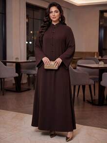 Auveirra فستان نسائي مقاس كبير بلون موحد وأكمام طويلة أنيق بتصميم أزرار ضفدعية متناسق للعشاء والمناسبات الرسمية وحفلات الزفاف باللون البني للخريف والشتاء والكريسماس - بني - مشاهدة 4