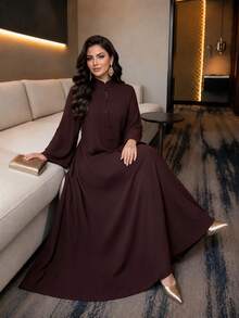 Auveirra فستان نسائي مقاس كبير بلون موحد وأكمام طويلة أنيق بتصميم أزرار ضفدعية متناسق للعشاء والمناسبات الرسمية وحفلات الزفاف باللون البني للخريف والشتاء والكريسماس - بني - مشاهدة 7