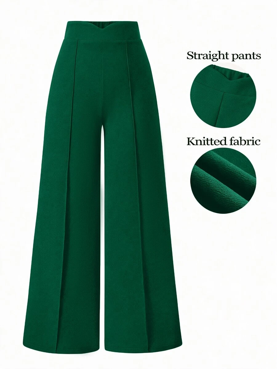SHEIN LUNE Plus Size Women's Solid Color Casual Kawaii Elegant Versatile Daily Wide Leg Pants Fall Office Dark Green - Mint Green - View 1