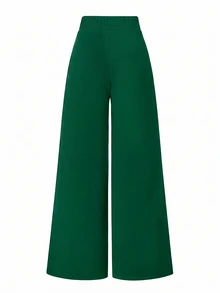SHEIN LUNE Plus Size Women's Solid Color Casual Kawaii Elegant Versatile Daily Wide Leg Pants Fall Office Dark Green - Mint Green - View 2